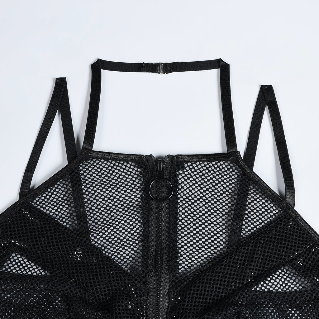 Sexy Lingerie Women Mesh Hollow Out Cutout out Three Point Faux Leather Stitching Sexy Halter Uniform