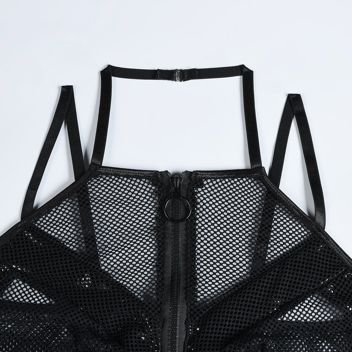 Sexy Lingerie Women Mesh Hollow Out Cutout out Three Point Faux Leather Stitching Sexy Halter Uniform